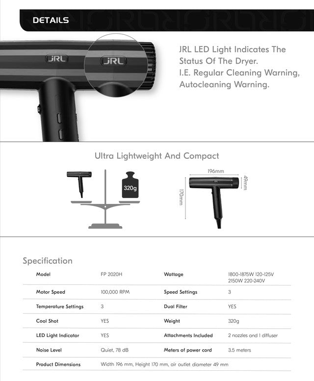 JRL 2020H Forte Pro Hair Dryer BLACK