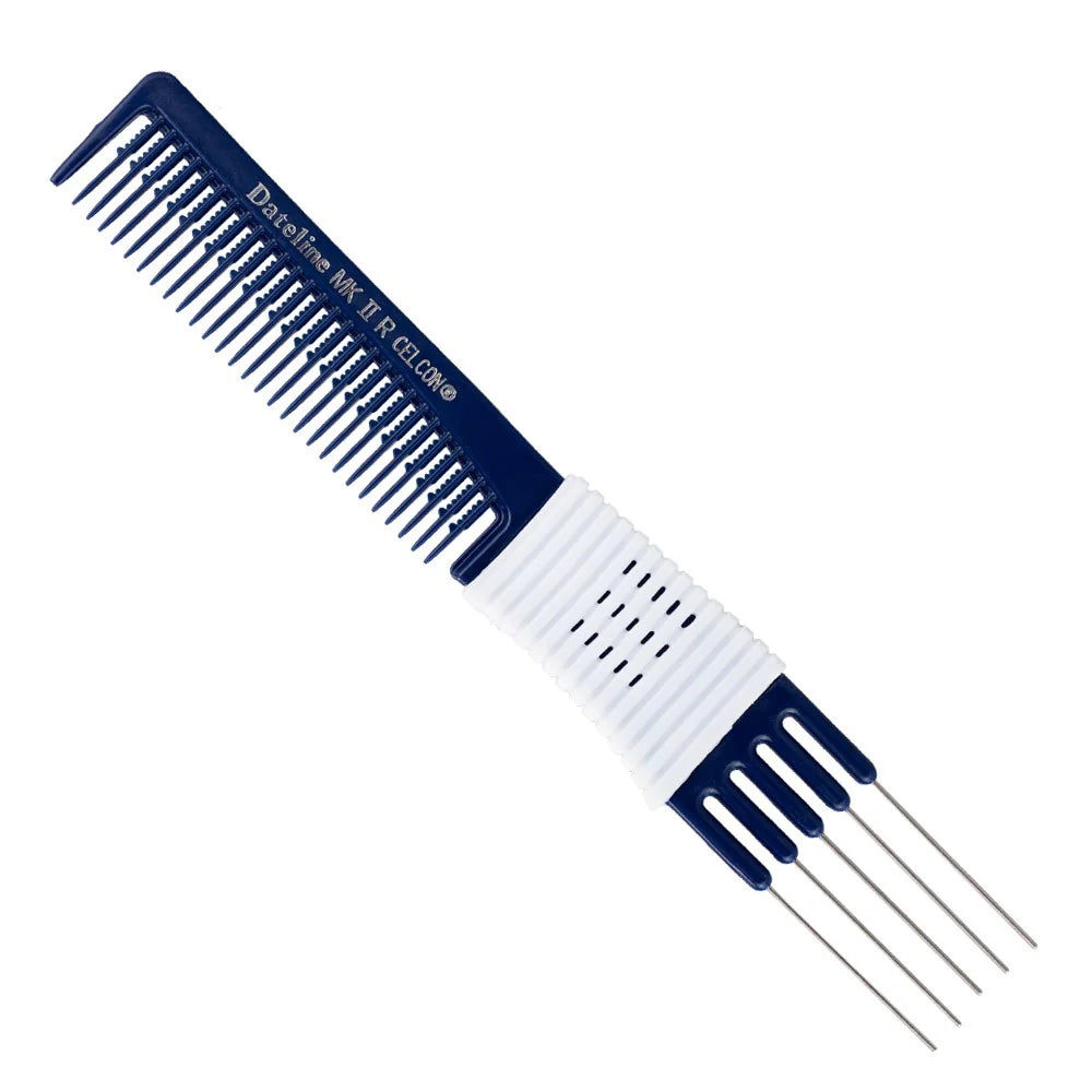 Dateline Professional Blue Celcon Teasing Comb With Rubber Grip And 5 Tails 7 1/2inch Mkiir Stainless Steel
